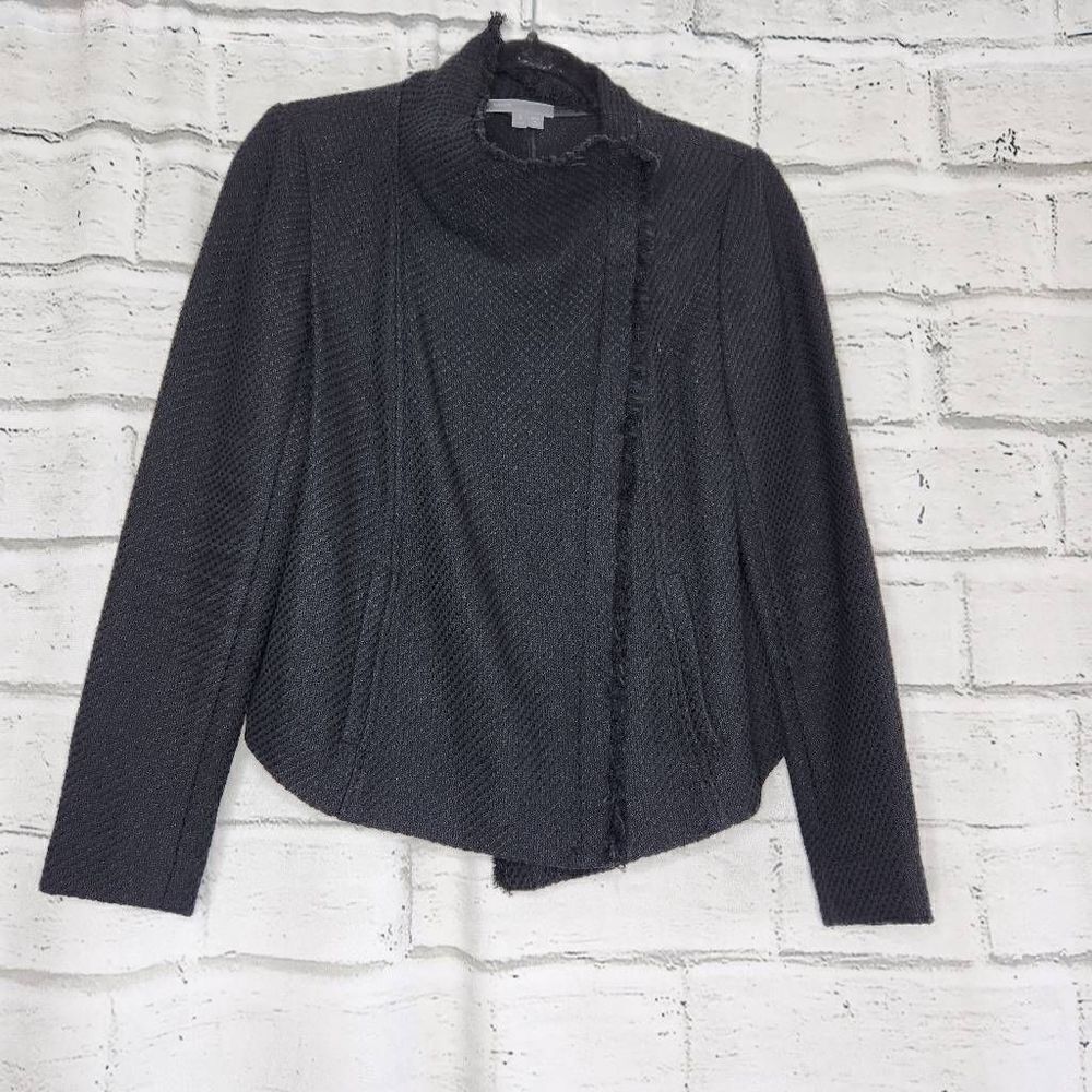 Vince Women's Black Frayed Edge Tweed Full Zip Scuba Moto Jacket Size Small